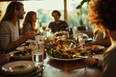 Group of friends having dinner together in a restaurant. Selective focus.の素材