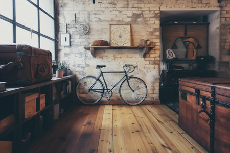 Vintage bicycle in a room with brick wall and wooden floor.の素材