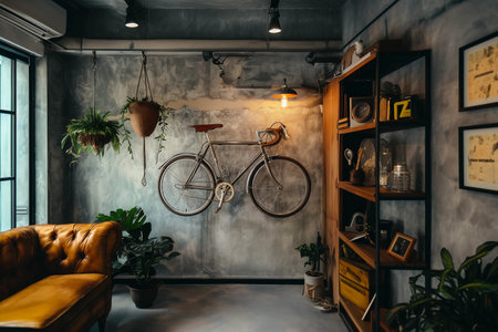 Vintage bicycle in a cozy interior of a room with a brick wall.の素材
