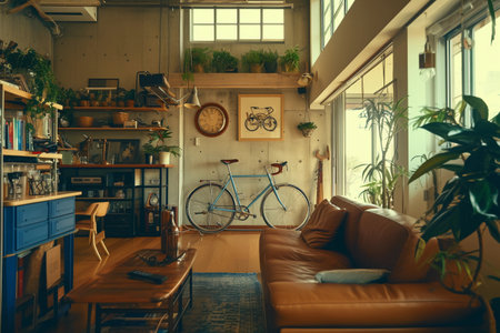 Interior of modern cafe with coffee table, chairs, leather sofa, plants and vintage bicycleの素材