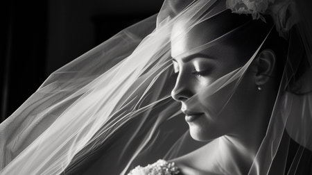 Portrait of beautiful bride in veil. Black and white photo.の素材