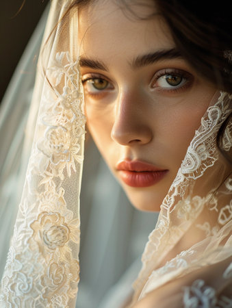 Portrait of a beautiful young woman in a white lace wedding dressの素材
