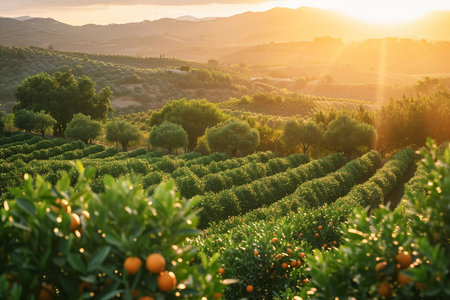 Ripe oranges hang heavy on branches in a lush green garden, their vibrant color a burst of nature's bountyの素材