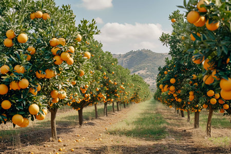 Ripe oranges hang heavy on branches in a lush green garden, their vibrant color a burst of nature's bountyの素材