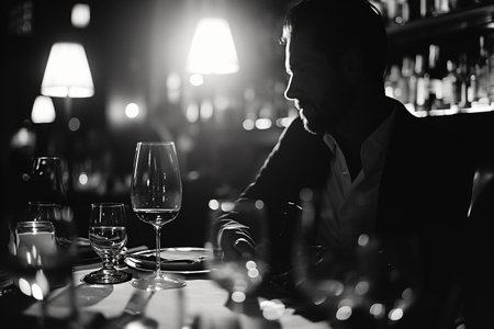 Handsome young man in a restaurant. Black and white photo.の素材