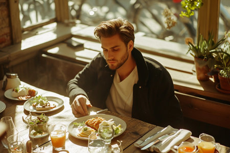 Handsome young man eating breakfast in a cafe. The concept of a healthy lifestyleの素材