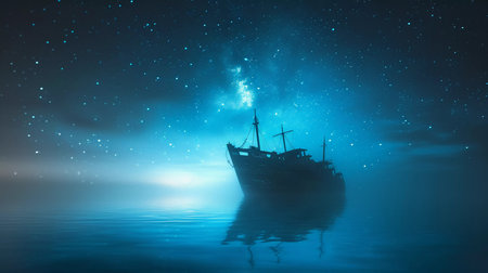 A solitary ship navigates the starlit night sea, its path a beacon against the vast darknessの素材