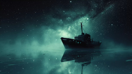 A solitary ship navigates the starlit night sea, its path a beacon against the vast darknessの素材