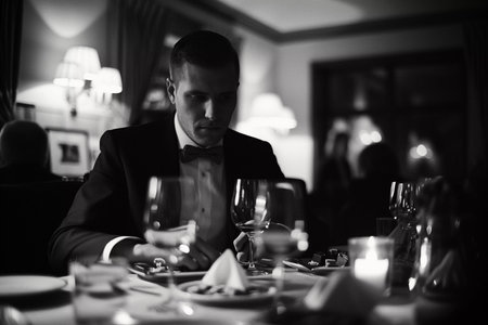 Handsome gentleman enjoys a glass of wine and meal at restaurant, the warm glow highlighting his smile as he gazes across the roomの素材