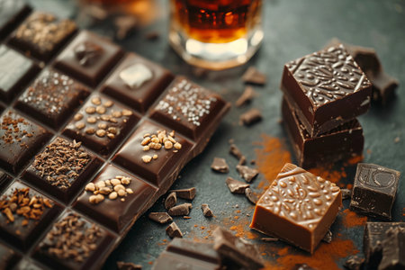 Pieces of dark chocolate with nuts and cocoa powder on dark backgroundの素材
