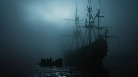 Spooky sunset paints eerie silhouettes on the ocean, a lone sailboat drifts amidst the fiery sky's reflectionの素材