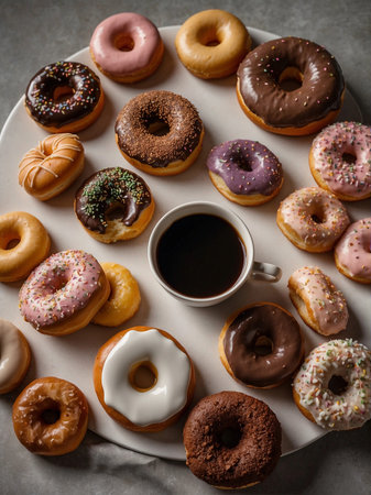 Delectable close-up of a frothy cappuccino and donuts on a white plateの素材