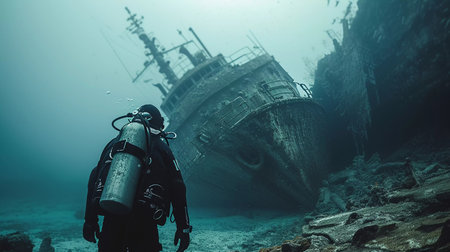 Scuba diver exploring a shipwreck in the deep blue sea surrounded by colorful fish, coral, and bubblesの素材