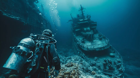 Scuba diver exploring a shipwreck in the deep blue sea surrounded by colorful fish, coral, and bubblesの素材