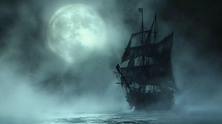 Spooky sunset paints eerie silhouettes on the ocean, a lone sailboat drifts amidst the fiery sky's reflectionの素材