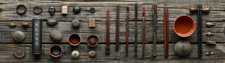 An expansive flat lay of antique Asian calligraphy tools spread out on a rustic wooden background, evoking the traditional spirit of East Asian arts. The collection features a variety of calligraphy brushes with carved wooden handles, an array of meticulously shaped ink stones, seal stamps, and an ink stick case adorned with golden characters. Also included are several ceramic bowls and traditional stone and metal seals, providing a comprehensive look at the tools used in classical calligraphy and painting. This image captures the essence of a bygone era and is ideal for use in educational content, historical illustrations, or cultural-themed designs.の素材