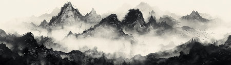 An ethereal panoramic ink wash painting, evoking the timeless beauty of Asian mountain landscapes. The delicate gradients of black and gray capture the mysterious essence of mountain peaks rising from the mist. This traditional art form, known as sumi-e, uses varying concentrations of black ink to create a serene and monochromatic vista.の素材