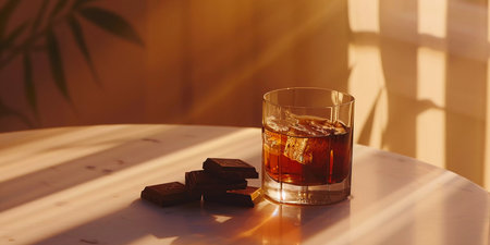 In this image, the last rays of the sunset create a warm, inviting ambiance perfect for a quiet moment with a glass of whisky and fine chocolate. The whisky, a rich golden brown, is filled with ice and sits on a white table, casting a long, elegant shadow. Next to it, pieces of dark chocolate with intricate designs wait to be enjoyed, their deep color contrasting beautifully with the tabletop. This setting, evocative of relaxation and contemplation, is ideal for storytelling in lifestyle magazines, culinary blogs, and other mediums that celebrate life's simple yet luxurious pleasures.の素材