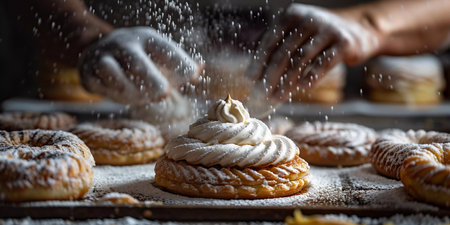 This image captures a pastry chef's hands in motion, finishing a freshly baked pastry with a delicate shower of powdered sugar. The focus is on the pastry in the foreground, which is adorned with a swirl of cream and now receiving the final touch that transforms it into a gourmet treat. The action shot beautifully freezes the sugar particles in mid-air, adding a dynamic and almost magical quality to the scene. It's a behind-the-scenes look at the meticulous attention to detail in dessert preparation, perfect for culinary publications, cooking shows, or any visual narrative seeking to celebrate the artistry of baking.の素材