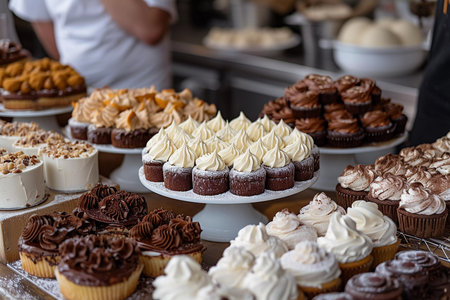 This image invites viewers into a professional bakery, where a sumptuous spread of artisanal cupcakes takes center stage. Each cupcake is a small masterpiece, with a variety of toppings from velvety chocolate swirls to delicate vanilla peaks and crunchy nut pieces, all resting on a dusting of powdered sugar that mimics a light snowfall. The background is a blur of bakers at work, providing a glimpse into the bustling environment where these confections are crafted. Perfect for culinary publications, food blogs, or any project aiming to portray the art of gourmet baking and dessert presentation.の素材