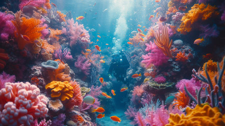 Teeming with colorful fish, a vibrant coral reef flourishes beneath the clear blue waters of a tropical seaの素材