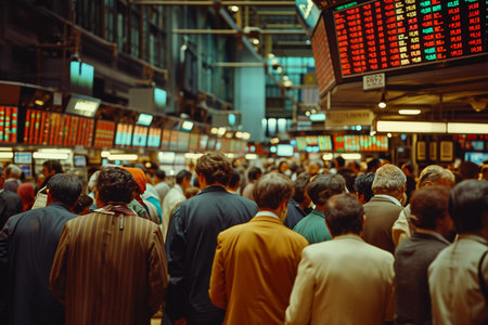 A bustling scene captures traders and businessmen crowded on the stock exchange floor, attentively monitoring the digital boards displaying stock prices and market trends. The warm tones and retro fashion suggest a vintage setting, evoking the high-energy atmosphere of financial trading before the digital age.の素材