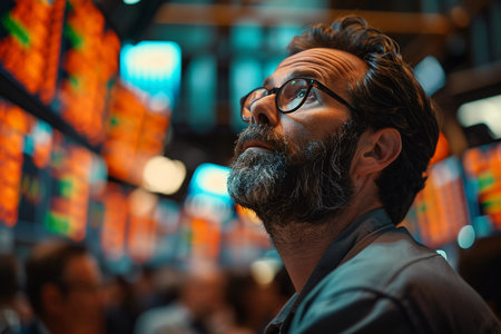 This compelling image captures an experienced trader with a pensive expression, gazing up at the stock market monitors. The warm glow of the ticker data illuminates his face, highlighting the intense focus and deep thought that characterize the decision-making process in the fast-paced world of finance. The shallow depth of field draws the viewer's attention to the subject's engrossed demeanor.の素材