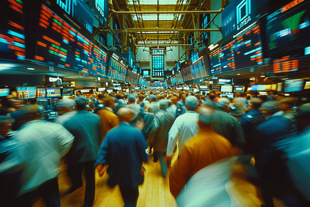 This image captures the dynamic movement and energy of a stock exchange floor. Traders move briskly, their figures blurred in motion, against a backdrop of large digital boards displaying live stock prices. The high ceiling and structural design of the building add to the grandeur of this hub of financial activity.の素材