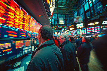 A trader stands absorbed in contemplation, facing a wall of glowing financial data on monitors at the stock exchange. The perspective highlights the individual amidst a crowd of fellow traders, with the vibrant display of market figures reflecting the fast-paced and complex nature of stock trading.の素材