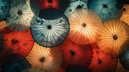 A captivating image presenting a dense overlay of traditional Japanese umbrellas, with a translucent quality that allows light to filter through in warm tones of red, blue, and yellow. The umbrellas are arranged in a seemingly random pattern, creating a tapestry of color and shadow that evokes the feel of a festive lantern-lit evening. This artistic image is ideal for use in design projects that require a touch of cultural elegance and mystery.の素材