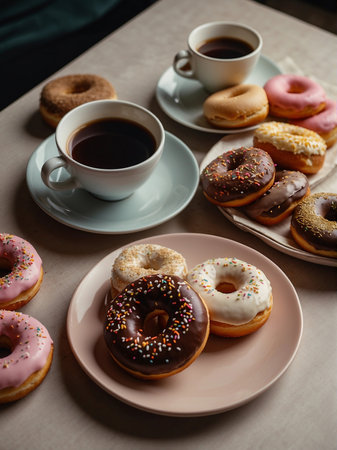 Delectable close-up of a frothy cappuccino and donuts on a white plateの素材