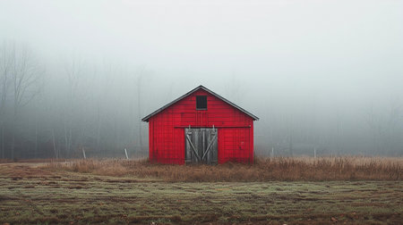 This atmospheric image features a solitary red barn standing vivid against a muted, misty backdrop. The barn's bold scarlet color cuts through the foggy veil, creating a striking contrast with the surrounding dormant field and bare trees. The frosty ground and the subtle gradation of colors from the grass to the fog evoke a crisp, serene winter morning. This picture, with its strong visual elements and tranquil mood, is perfect for themes of rural life, the changing seasons, and the beauty of simplicity in the landscape.の素材