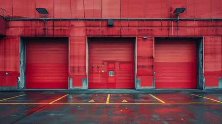 This photograph captures the bold geometry of urban design through the symmetry of red garage doors on a striking red wall. The vivid red hue, combined with the precise lines of the doors and the textured wall surface, creates a visually arresting pattern. The weathered markings on the ground add an element of history and usage to the scene. This image's strong color contrast and minimalistic composition make it an excellent choice for backgrounds, architectural studies, or graphic projects seeking a pop of color and a touch of modern industrial aesthetic.の素材