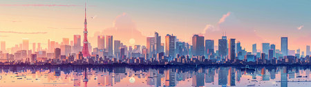 This panoramic image artistically captures a city skyline at sunrise, with skyscrapers silhouetted against a sky painted in soft shades of pink and blue. The iconic structure in the midst stands tall as the city's focal point. Gentle ripples on the water's surface reflect the city's architecture and the awakening sky, creating a sense of calm and the promise of a new day. This illustration is perfect for use in editorial content, travel publications, and any medium celebrating urban life and the beauty of dawn's first light.の素材