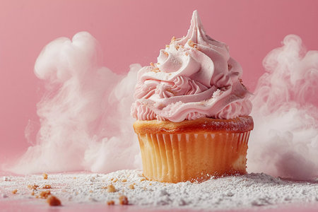 A captivating high-resolution image featuring a single pink-frosted cupcake amidst a whimsical puff of smoke on a pastel pink background. The cupcake is centrally positioned, with intricate icing details suggesting a sense of indulgence. Crumbs scattered around the base add to the authenticity of the scene, while the smoke gives the composition a dynamic and ethereal quality, perfect for creative projects, advertising, and editorial use related to baking, desserts, and celebrations.の素材