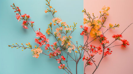 This vibrant composition juxtaposes the natural beauty of gerbera daisies with the clean lines of modern geometry. A palette of peach, pink, and coral blooms bursts forth from pastel-colored blocks, set against a backdrop of soft blue and pink. The striking contrast between organic forms and architectural shapes creates a contemporary look that captures the imagination. Ideal for design elements, creative projects, and modern floral arrangements, this high-resolution photograph is a celebration of color and form.の素材