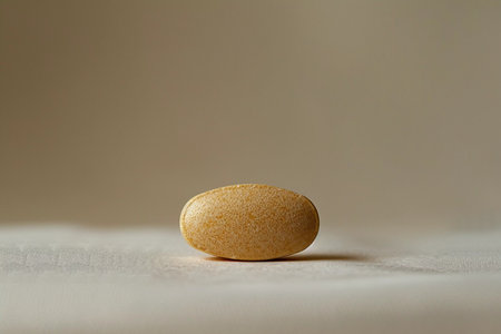 This image captures the simplicity and texture of a single beige nutritional supplement tablet centered against a neutral background. The soft lighting gently highlights the tablet is speckled surface, suggesting its natural ingredients. This minimalist composition draws the viewer is attention to the tablet is organic quality and suggests themes of wellness, dietary health, and the singular importance of individual health choices.の素材