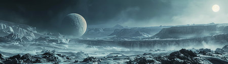 A mesmerizing lunar landscape unfolds under the spell of an otherworldly twilight in this high-resolution image. The icy surface reflects a ghostly light, while a looming planet rises majestically above the horizon, dominating the starlit sky. This ethereal scene captures the desolate beauty of a celestial dreamscape, inviting contemplation on the mysteries of space and the wonders beyond our Earthly realm. Ideal for projects that aim to evoke a sense of exploration, the infinite, and the surreal, it's a perfect fit for editorial use, science fiction themes, or as a backdrop for imaginative storytelling.の素材