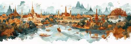 This image presents a sweeping panoramic view of Bangkok iconic riverside, captured in a beautiful autumnal palette. The foreground is adorned with an array of watercolor trees in full autumnal hues, creating a vivid contrast with the traditional Thai temples and palaces lining the Chao Phraya River's banks. Historical landmarks, including the grand Wat Arun, are depicted with meticulous attention to architectural detail, standing proudly against the modern city skyline in the distance. The artful blend of traditional Thai elements and the modern urban landscape, combined with the rich, warm colors of fall, offers a unique and artistic perspective on Bangkok's harmonious coexistence of past and present. This artwork is perfect for adding a touch of cultural richness and visual interest to any space.の素材