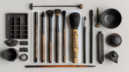This image elegantly displays a traditional Japanese calligraphy set, arranged neatly against a pristine white background. The set includes a finely textured ink stone with carved kanji, a sleek black ink pot, polished bamboo brushes of various sizes, and a brush rest. Each item is crafted with precision, reflecting the art form's dedication to detail and beauty. The minimalist presentation emphasizes the simplicity and discipline central to the calligraphic practice. This high-quality image is ideal for educational content, artistic retail, and cultural publications seeking to illustrate the timeless craft of Japanese calligraphy.の素材