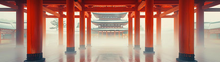 This panoramic image beautifully captures the serene ambience of a traditional Asian temple gateway, with its vibrant orange pillars standing tall amidst a hazy, mist-filled setting. The pillars lead the eye to the ornately decorated roof of the temple in the distance, inviting a sense of wonder and reverence. The subtle interplay of light and fog creates an ethereal quality, imbuing the scene with a sense of peace and the spiritual. This image is a celebration of cultural heritage and architectural eleganceの素材
