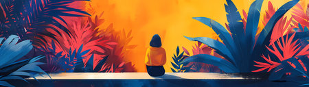 This captivating digital illustration portrays a lone figure seated, gazing into a breathtaking sunset that's masterfully obscured by a vibrant tropical thicket. The foliage is a rich tapestry of blues, reds, and yellows, painted with bold, expressive brushstrokes that convey both the wildness of nature and the tranquility of the scene. The composition masterfully plays with color contrasts and saturation, creating a visual feast that symbolizes the intersection of human introspection and nature's majesty. This piece uses light and shadow to evoke a sense of calm and reflection, making it an ideal addition to any space that seeks to inspire a sense of peace and contemplative thought.の素材