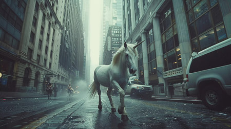 In this striking image, a resplendent unicorn gallops through the heart of a bustling business district, its mane flowing with the momentum of rapid growth. A metaphor for a startup's swift journey to becoming a 'unicorn' - a term for startups valued at over a billion dollars - this scene captures the spirit of entrepreneurial success against the odds. The mythical creature's bold progress among the cabs and skyscrapers embodies the audacity and vitality of emerging ventures in a competitive marketplace. An emblematic piece that illustrates the blend of vision and velocity on the road to commercial triumph.の素材