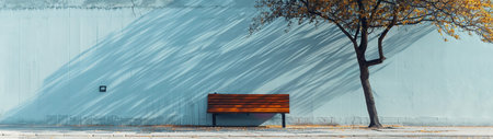 A tranquil scene captures a solitary wooden bench basking in the gentle sunlight, casting sharp shadows against a soft blue wall. A tree in mid-autumn bloom adds a touch of warm color to the cool setting, evoking a sense of peace and solitude.の素材