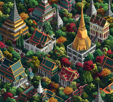 From an elevated vantage, the venerable Wat Phra Kaew is a testament to spiritual devotion, its towering spires reaching for the heavens amid a verdant embrace. The temple complex, a masterwork of Thai craftsmanship, is ensconced in a tapestry of foliage, its sacred contours and the symmetry of its grounds presenting a mesmeric tableau that pays homage to the divine.の素材