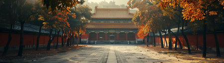 An ancient temple courtyard, framed by vibrant autumn leaves, invites reflection in this still image. The quiet, deserted space contrasts with the fiery foliage, symbolizing change and the enduring beauty of historical sites. Ideal for fall season themes, history, and cultural preservation.の素材
