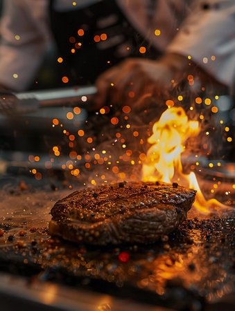 High-action culinary scene showing a steak being cooked with intense flames, capturing the vibrant sparks and the chef's skill in a professional kitchen. Suitable for cooking demonstrations, culinary school materials, and restaurant promotional content.の素材
