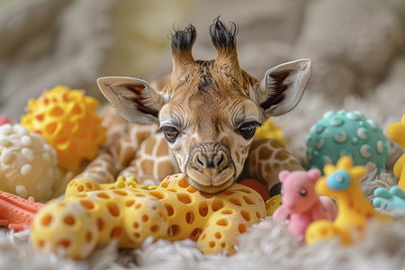 Adorable baby giraffe surrounded by an array of colorful toys, displaying a curious and playful expression. Perfect for themes of wildlife, nurturing, and play.の素材