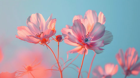 A tranquil scene of pink and white cosmos flowers gently swaying in a sunset breeze. The warm backlight illuminates the petals, creating a soft, glowing effect that evokes a sense of calm and beauty.の素材