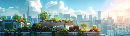 Illustrating the concept of sustainability in urban design, this digital artwork features lush rooftop gardens atop modern buildings in a city. The vibrant greenery against the backdrop of a bustling metropolis highlights the integration of eco-friendly spaces in urban settings, suitable for themes related to green living and urban planning.の素材